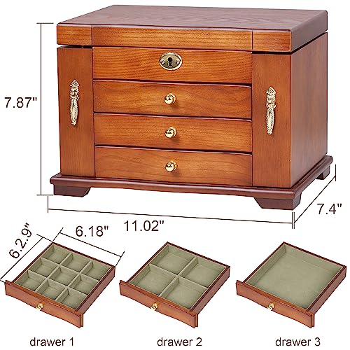 Vintage Solid Wood Jewelry Box Organizer with Mirror