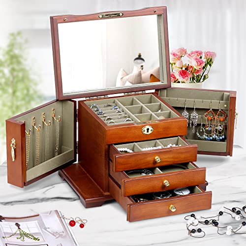 Vintage Solid Wood Jewelry Box Organizer with Mirror