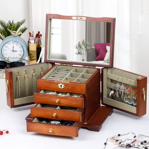 Vintage Solid Wood Jewelry Box Organizer with Mirror