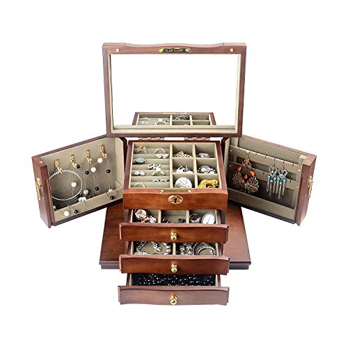 Vintage Solid Wood Jewelry Box Organizer with Mirror