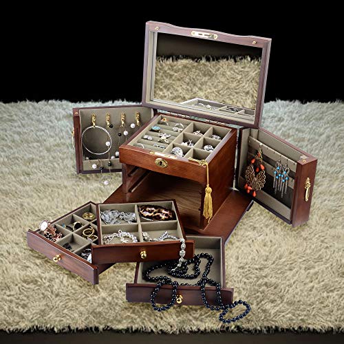 Vintage Solid Wood Jewelry Box Organizer with Mirror