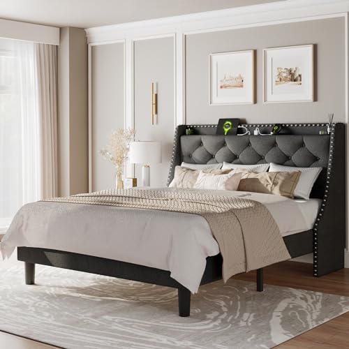 Feonase Queen Bed Frame with Wingback Upholstered Headboard
