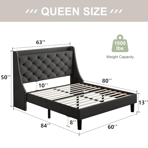 Queen Bed Frame with Wingback Headboard & Charging Station