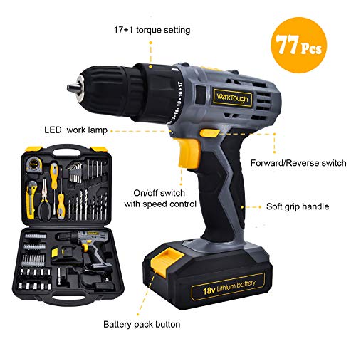 Uniteco 77pcs Power Tool Set with Cordless Drill
