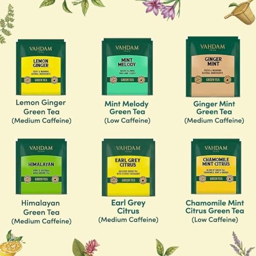 Vahdam Green Tea Variety Pack (6 Flavors, 60 Bags)