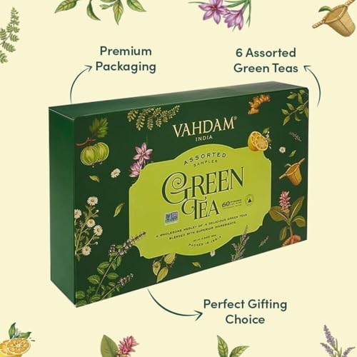 Vahdam Green Tea Variety Pack (6 Flavors, 60 Bags)
