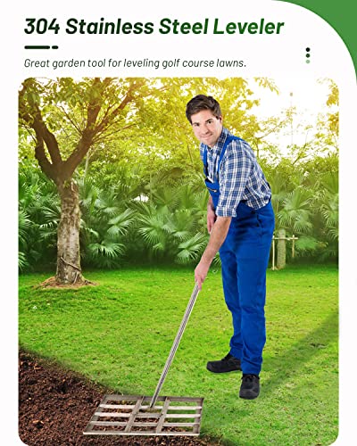 30x10in Stainless Steel Lawn Leveling Rake with Adjustable Handle