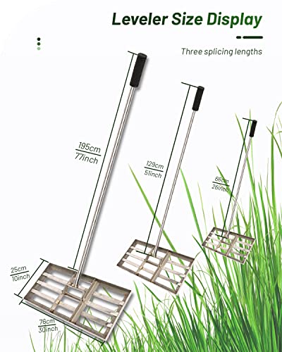 30x10in Stainless Steel Lawn Leveling Rake with Adjustable Handle