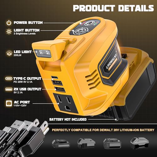Portable 200W Power Inverter for Dewalt 20V Battery