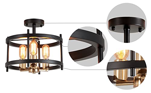 AGV Lighting Farmhouse 3-Light Ceiling Fixture, Black/Gold Finish