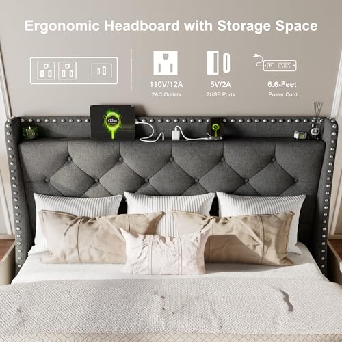 Luxury Wingback Upholstered Button Tufted Queen Bed Frame