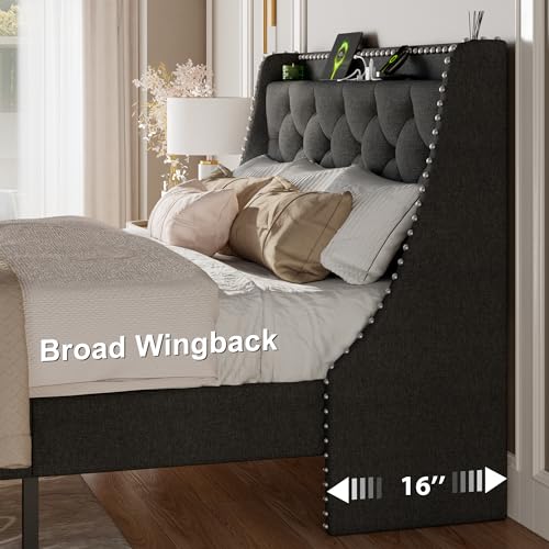 Luxury Wingback Upholstered Button Tufted Queen Bed Frame