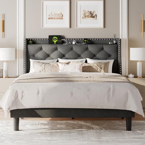 Luxury Wingback Upholstered Button Tufted Queen Bed Frame