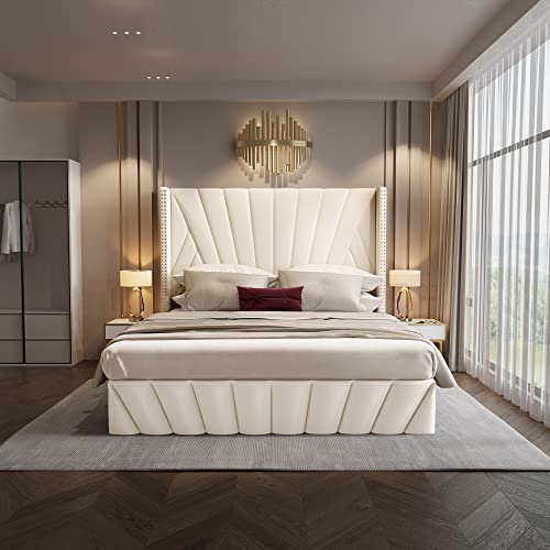 Velvet Queen Bed Frame with High Headboard, Modern Design