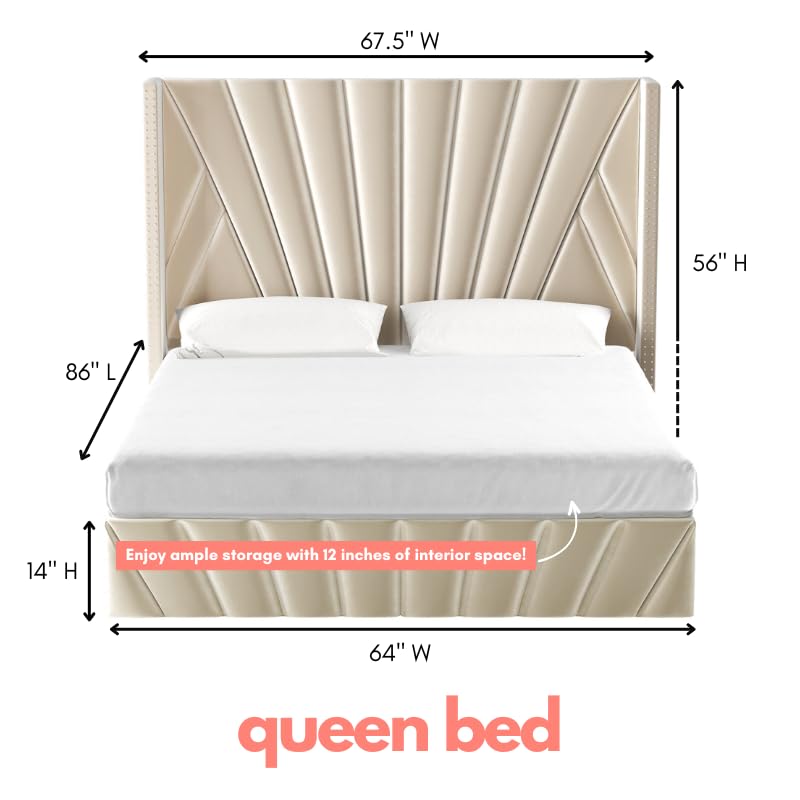 Velvet Queen Bed Frame with High Headboard, Modern Design