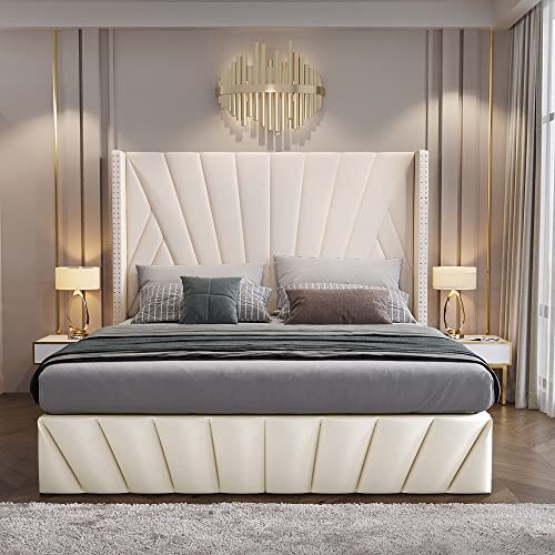 Velvet Queen Bed Frame with High Headboard, Modern Design