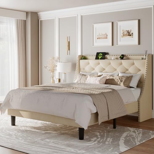Luxury Wingback Queen Bed Frame with Storage Headboard