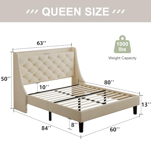 Luxury Wingback Queen Bed Frame with Storage Headboard