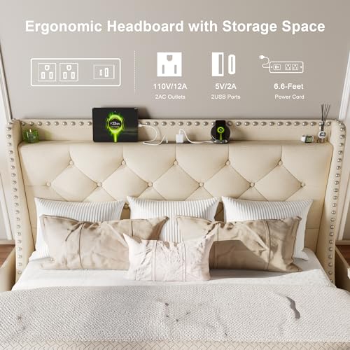 Luxury Wingback Queen Bed Frame with Storage Headboard