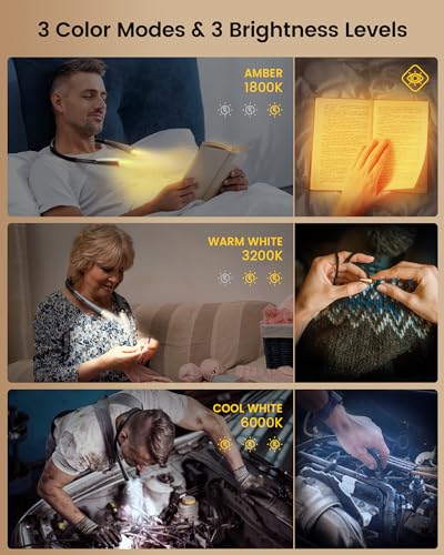 Upgraded LED Neck Reading Light, 3 Colors & 3 Brightness