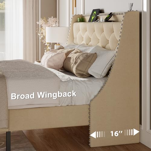 Luxury Wingback Queen Bed Frame with Storage Headboard
