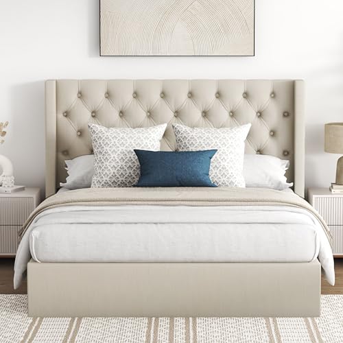 VIP Beige Upholstered Tufted Storage Bed, Queen Size