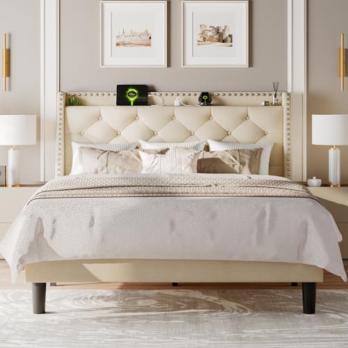 Luxury Wingback Queen Bed Frame with Storage Headboard