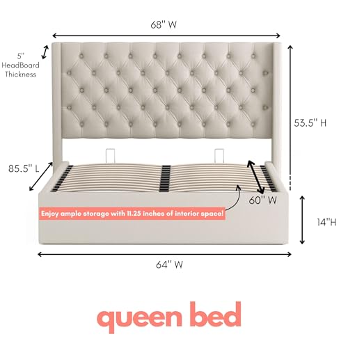 VIP Beige Upholstered Tufted Storage Bed, Queen Size