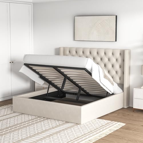 VIP Beige Upholstered Tufted Storage Bed, Queen Size
