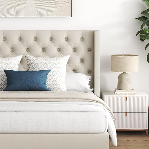 VIP Beige Upholstered Tufted Storage Bed, Queen Size