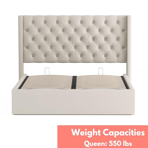 VIP Beige Upholstered Tufted Storage Bed, Queen Size