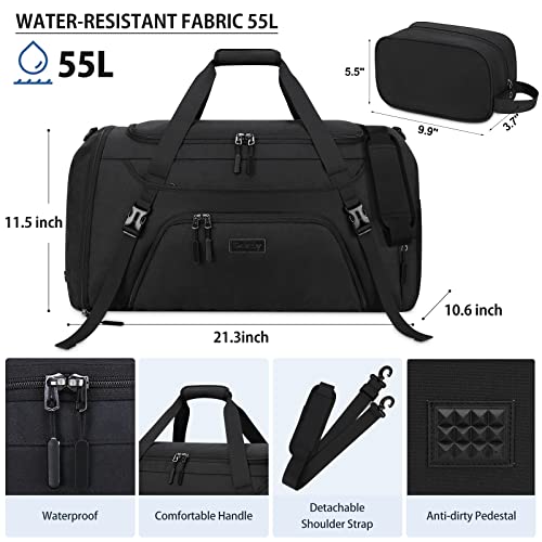 Black Waterproof 55L Weekender Duffle Bag with Shoe Compartment