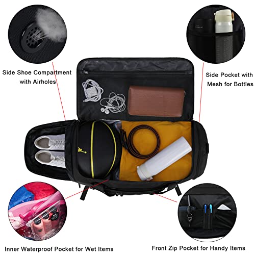 Black Waterproof 55L Weekender Duffle Bag with Shoe Compartment