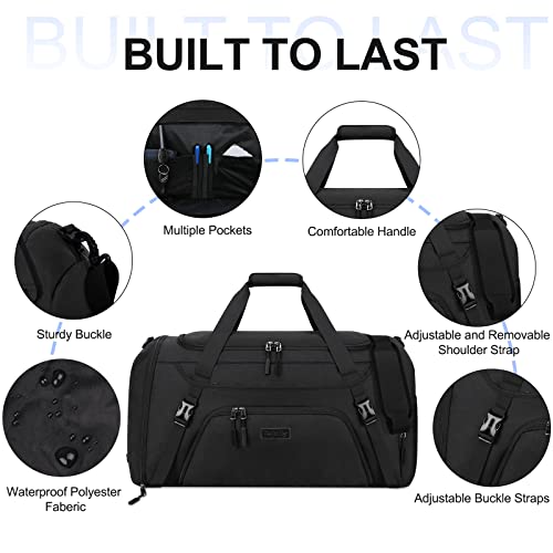 Black Waterproof 55L Weekender Duffle Bag with Shoe Compartment