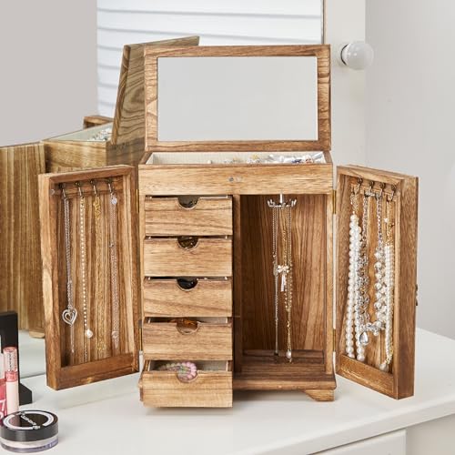 Elegant Wooden Jewelry Box with Mirror, 6 Tier Storage