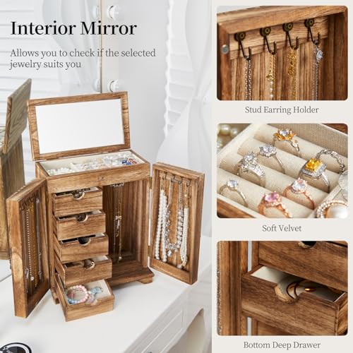 Elegant Wooden Jewelry Box with Mirror, 6 Tier Storage