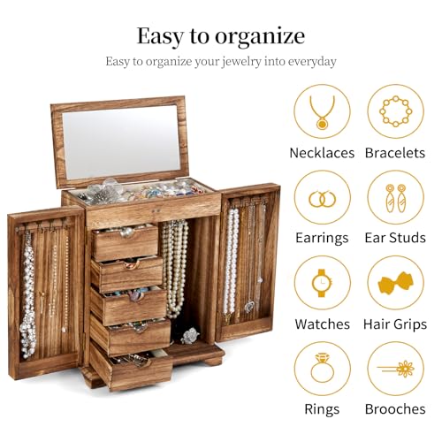 Elegant Wooden Jewelry Box with Mirror, 6 Tier Storage