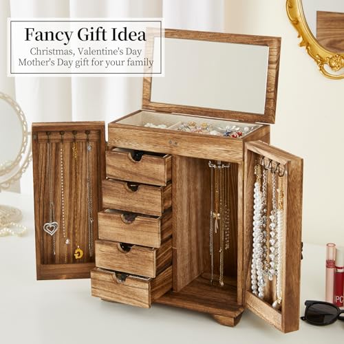 Elegant Wooden Jewelry Box with Mirror, 6 Tier Storage