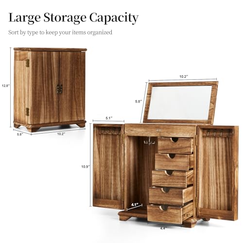 Elegant Wooden Jewelry Box with Mirror, 6 Tier Storage