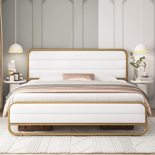 HITHOS White King Upholstered Platform Bed Frame