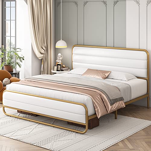 HITHOS White King Upholstered Platform Bed Frame
