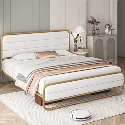HITHOS White King Upholstered Platform Bed Frame