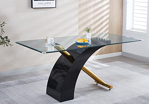 Luxury 63" Glass Dining Table for 6, Black/Gold
