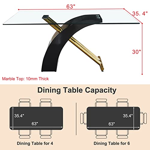 Luxury 63" Glass Dining Table for 6, Black/Gold