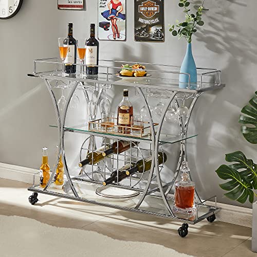 Rustic Farmhouse Mobile Bar Cart with Wine Rack