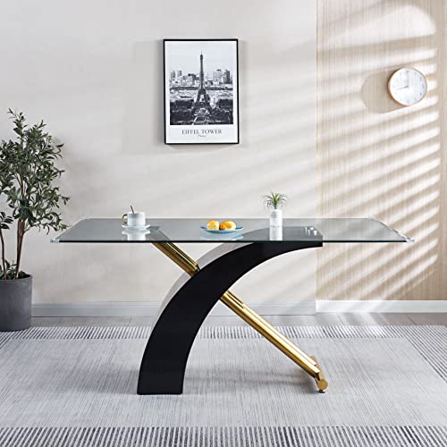 Luxury 63" Glass Dining Table for 6, Black/Gold
