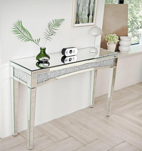 Rectangular Mirrored Console Table with Decorative Diamond Edge