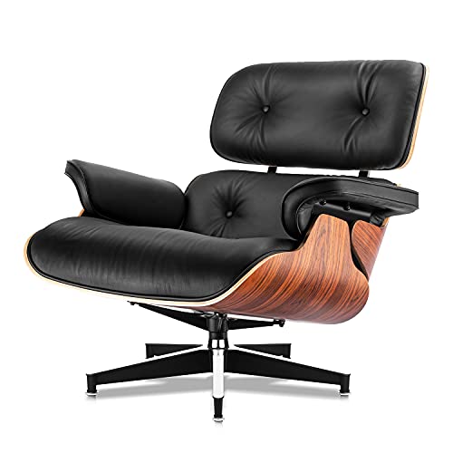 Black Leather Armchair with Ottoman, Modern Lounge Set