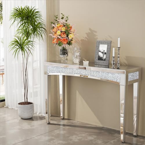 Rectangular Mirrored Console Table with Decorative Diamond Edge