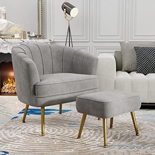 Andeworld Velvet Accent Chair with Ottoman, Grey VIP